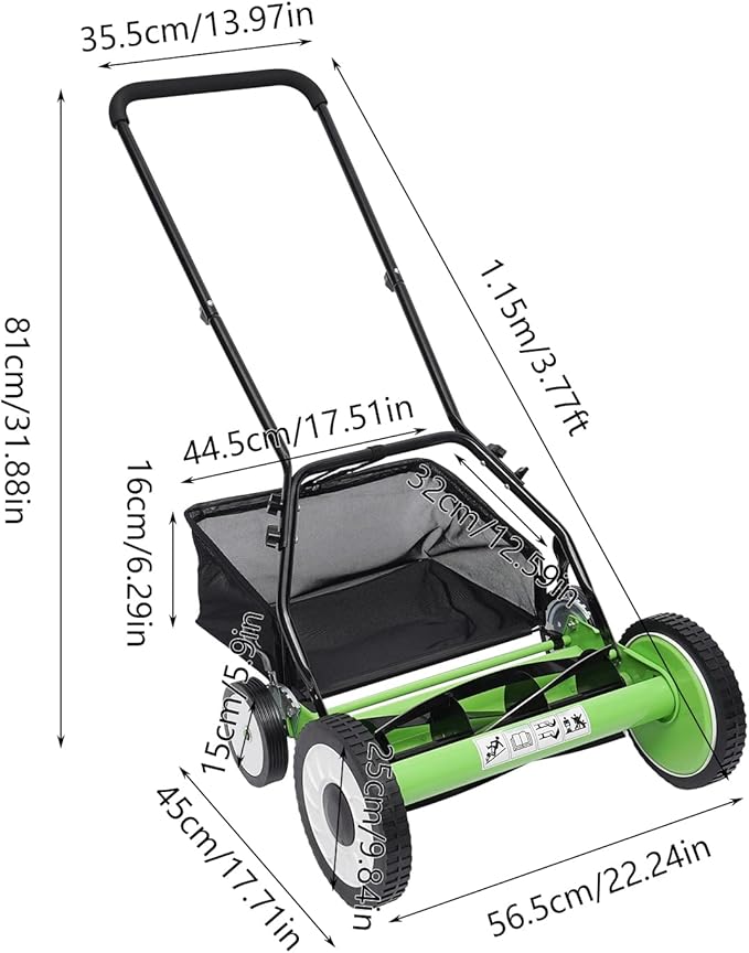 16-Inch Manual Reel Lawn Mower 9 Adjustable Heights 4-Wheel Push Mower for Large Lawns No Gas/Charge, Lightweight & Quiet Grass Cutter
