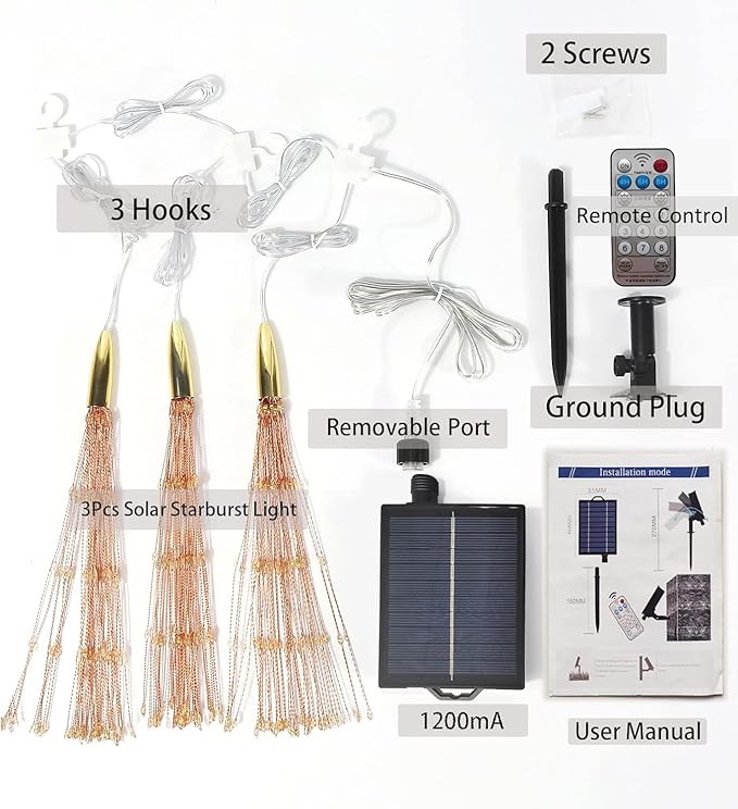 3 Pack 600 LED Solar Starburst Sphere Lights Remote Control,LED Firework Light 8 Modes Dimmable Waterproof Hanging Fairy Light, Copper Wire Lights for Patio Parties Christmas (Warm White)