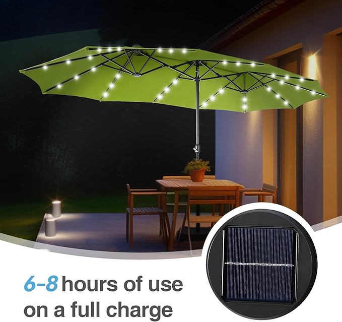 GREEN PARTY 15 ft Rectangle Patio Umbrella with Solar Lights and Base Included, Double-Sided Market Table Umbrella with Crank, Large Outdoor Umbrellas for Patio Poolside Garden Backyard, Lime Green