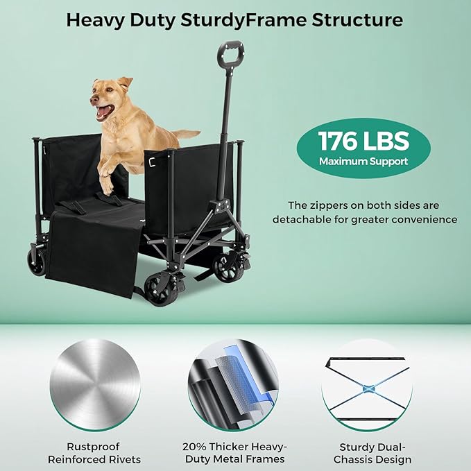 SUNNYFEEL Wagon Cart Foldable, Standard Borderless Version Collapsible Wagon with 220 LBS Max Load, Up to 120L Foldable Grocery Cart with Side Opened for Outdoor, Garden & Camping,Black