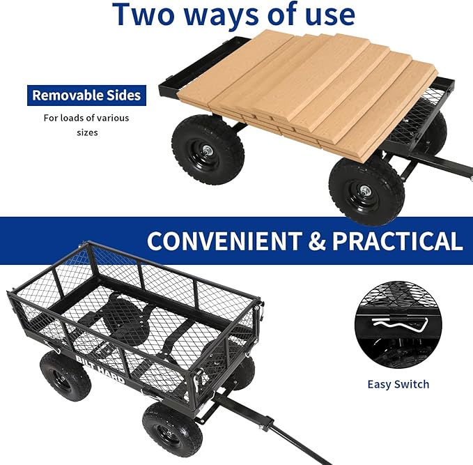 BILT HARD Flat Free Steel Garden Cart 400 Lbs, Heavy Duty Utility Wagon with Removable Mesh Sides, No-Flat Garden Carts and Wagons Flatbed, Black