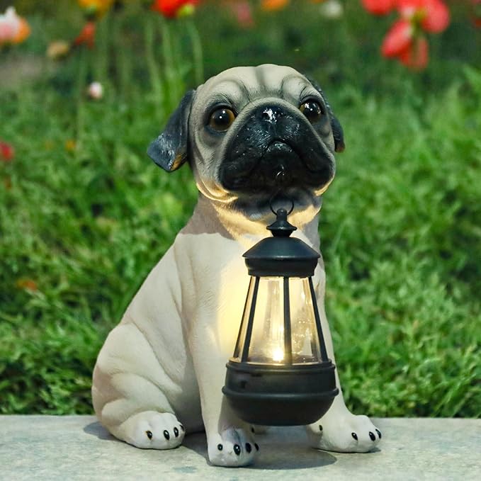 Garden Dog Statues Outdoor Decor, Solar Lights Outdoor Pug Figurines Solar Dog Ornaments for Patio, Lawn, Yard Art Decoration, Housewarming Garden Gift