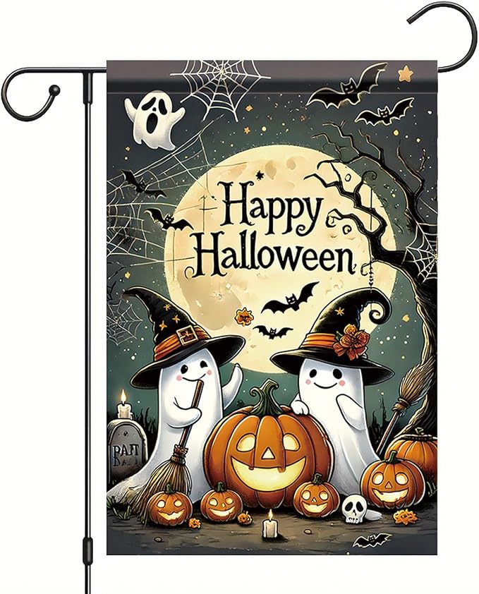 Halloween Garden Flag Funny Ghost Pumpkin Witch Hat Outdoor Yard Decoration Happy Halloween Banner 12x18 Inch Double Sided Holiday House Lawn Flag Vertical Seasonal Yard Sign Decor