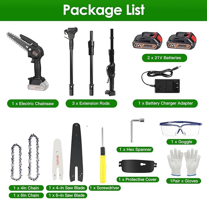 2-in-1 Cordless Pole Saw, Cordless Chain Saw, 33Ft/s Battery Pole Saw with 2Pcs 1500mAh Batteries 4in/6in Chains, 13ft Reach Electric PoleSaw, Comes with 3 extension rods, for Tree Trimming