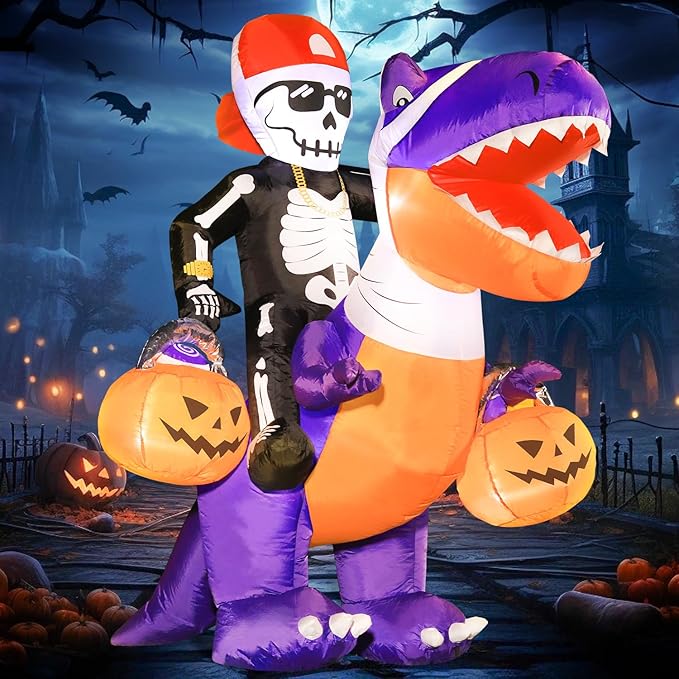 DomKom Halloween Inflatable Blow Up Decorations, 6FT Skeleton Knight Riding Dinosaur, Built-in LEDs for Holiday Party, Garden, Lawn, Yard, Patio Décor