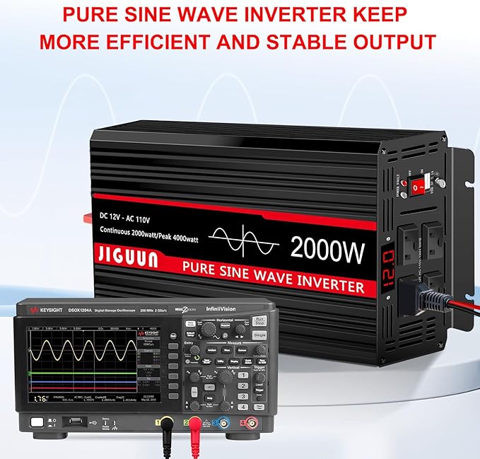 JIGUUN 4000W Peak Pure Sine Wave Power Inverter 2000 Watt,12v DC to 110/120v AC Inverter 3 AC & USB Output,Power Converter LED Display for Home RV Camping Outdoor Car Truck