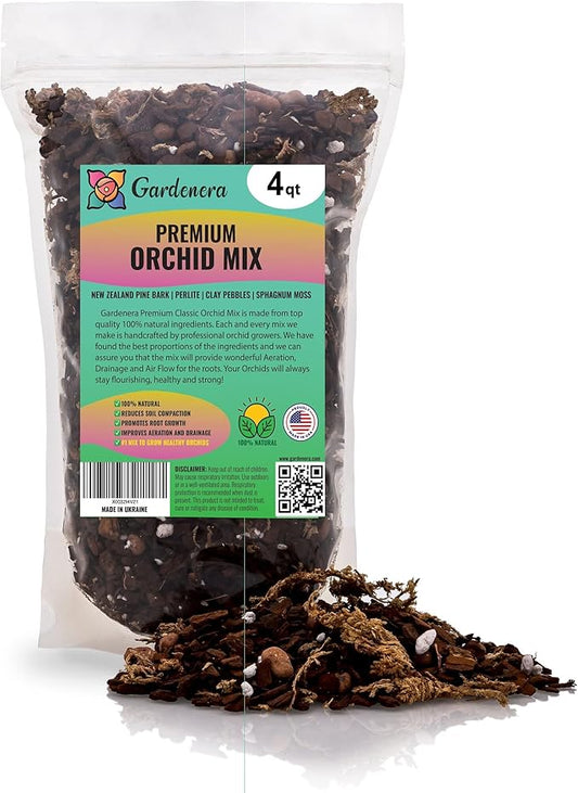 Premium Orchid Soil Mix by Gardenera - Hand Mixed New Zealand Pinus Radiata 100% Natural Potting Soil Bark Mix - for Phalaenopsis Orchid - 4 Quart - Made in USA