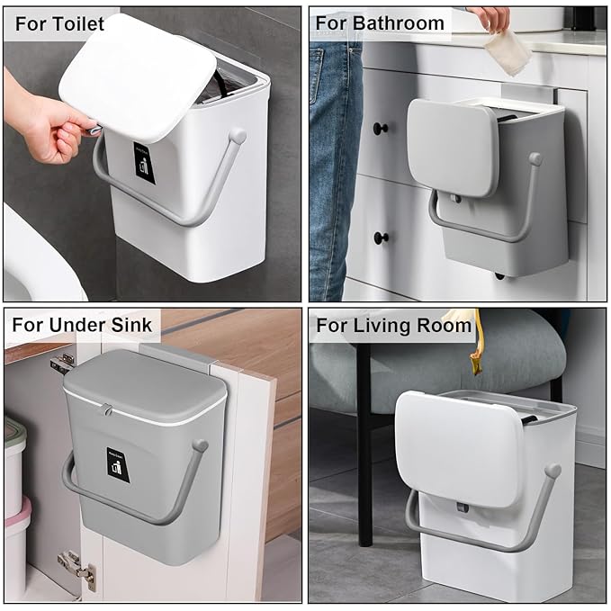LALASTAR Kitchen Compost Bin for Countertop or Under Sink, Hanging Small Trash Can with Lid for RV/Office/Bedroom/Dorm, Mountable Indoor Compost Bucket, 9L/2.4 Gal, Grey