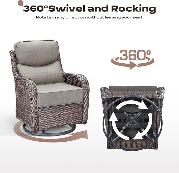 Rilyson Outdoor Patio Swivel Rocker Chairs Set of 2, Waterproof Wicker, High Back, Deep Seating, Wide Armrest, Upgraded 6 inch Thick Cushions, Ideal for Deck Porch Backyard, Brown/Beige