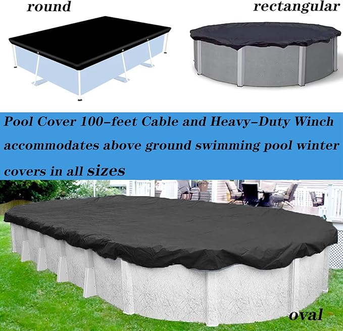 Pool Cover Cable and Winch Kit - 100 Feet Pool Cover Cable and Ratchet for Securing Above Ground Swimming Pool Winter Covers