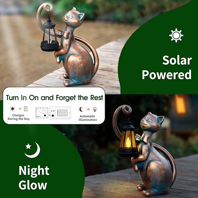 WHIMSYNOOK 10.7" Bronze Cat Solar Garden Statue Light – Cute Kitty Design, Bronze Finish, Solar-Powered LED, Outdoor Yard & Lawn Décor, for Cat Lovers, Mom, and Garden Enthusiasts