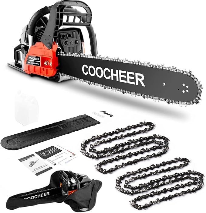 COOCHEER 62CC Gas Chainsaw, 20” 2-Stroke Portable Top Handle Woodcutting Saw with 2 Chain and Tool Kit, Chain saw Gas power for Tree Stumps, Tree Felling(Upgraded)