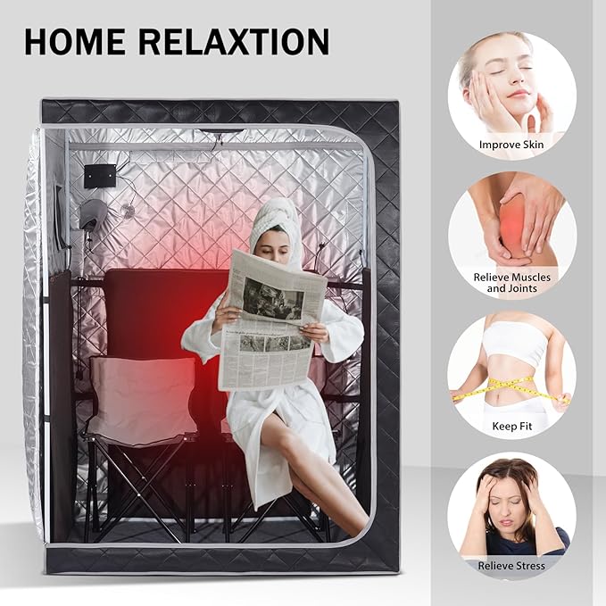 Gollense Portable Infrared Sauna for Home Spa 2 Person Full Size Personal Far Infrared Sauna Box with 2 Foldable Chairs, Dry Sauna Tent for Indoor, Black
