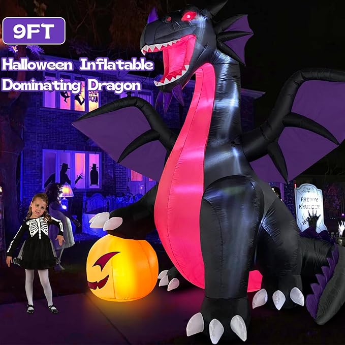 Danxilu 9FT Halloween Inflatable Dominating Dragon with Pumpkin Outdoor Decoration, Blow Up Yard Decoration with LED Lights Spooky for Halloween Fun Holiday Party Yard Garden Lawn Decor