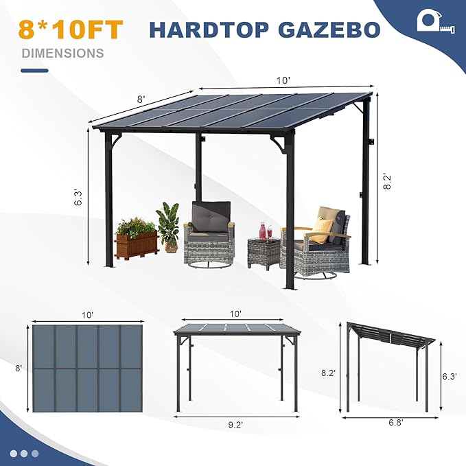 MEISSALIVVE 8' x 10' Wall Mounted Lean to Metal Awnings with Sloped Roof, Outdoor Patio Gazebo Awning for Backyard, Deck, Black