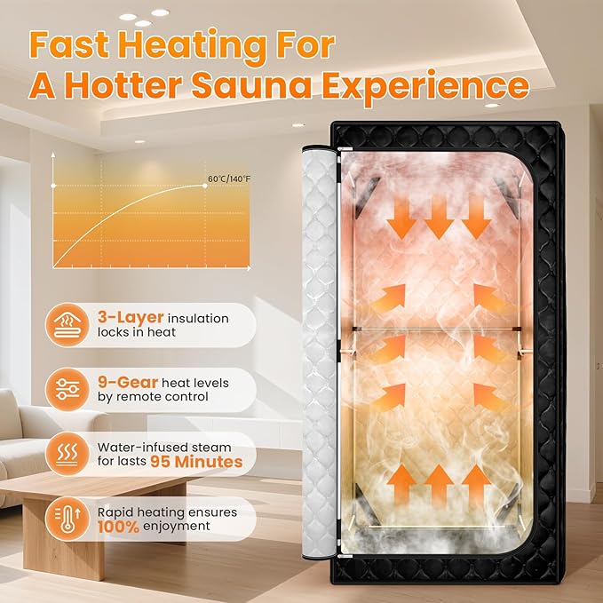 Portable Sauna for Home, Upgraded Personal Steam Sauna Box with 3L 1200W Steamer, Folding Chair, Extra Large Size Foldable Home Sauna 3’X 3’X 5.9’, Full Body Sauna Tent for Relaxation Spa, Black