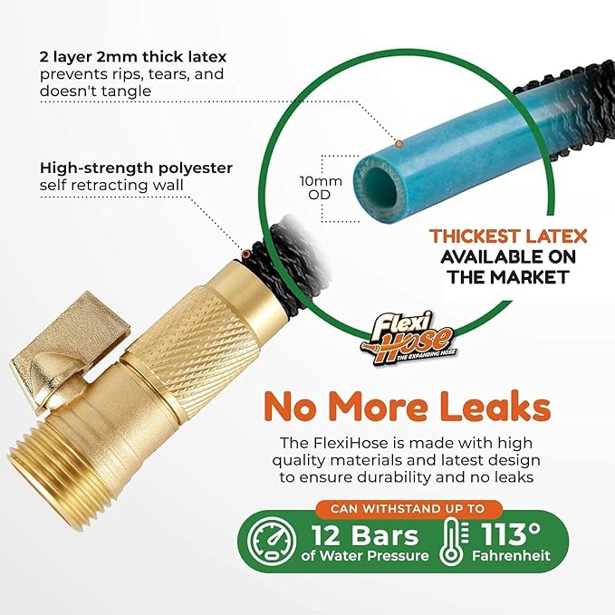 Flexi Hose Lightweight Garden Hose, 50FT - Expandable Hose with 8 Function Nozzle, No-Kink Flexibility, 3/4 Inch Solid Brass Fittings and Double Latex Core