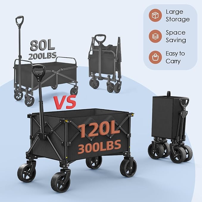 Collapsible Wagon with Wheels,220 lbs Capacity Heavy Duty Wagons Carts with Flexible Handle,Lightweight Portable Folding Utility Cart for Grocery Shopping,Camping,Garden,Sports