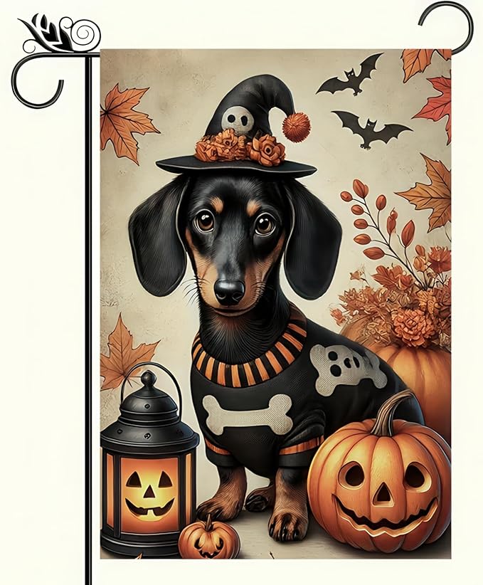 Halloween Garden Flag 12x18 Dachshund Pumpkin Witch Hat Double Sided Polyester Flag