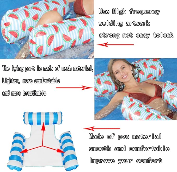HJW 2-Pack Inflatable Pool Lounger Chair - Multi-Purpose Floating Hammock for Adults, Comfortable Pool Float Raft for Swimming Pool & Water Activities(Striped Light Blue + Watermelon)