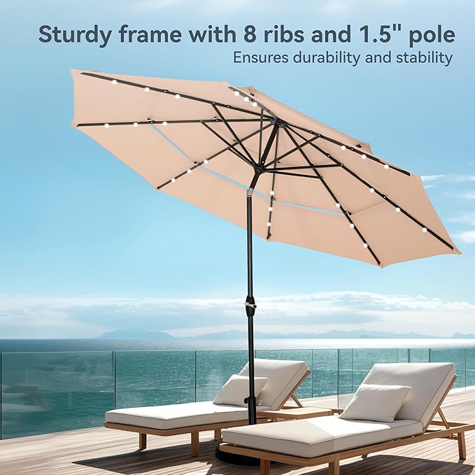 PHI VILLA 10ft Patio Umbrella with Solar Lights, Outdoor 3 Tier Vented Large Market Table Umbrella with 8 Sturdy Ribs and 1.5" Umbrellla Pole for Lawn Poolside Garden Terrace, Beige