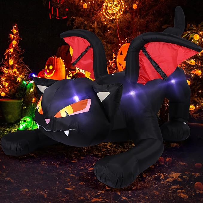 Sizonjoy 7.5FT Halloween Inflatables Decoration Outdoor Lighted Black Cat Decoration Outdoor with Wings,Halloween Blow Up Decor for Yard Lawn Garden Party Decor