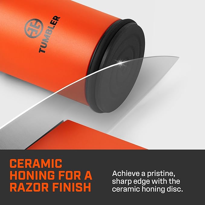 TUMBLER Pro Rolling Knife Sharpener™ - Knife Sharpening Made Easy - Rolling Knife Sharpening Kit with Removable Disc System - Includes 4-Layer Diamond Sharpening Disc & EdgeBoost Ceramic Disc (Orange)