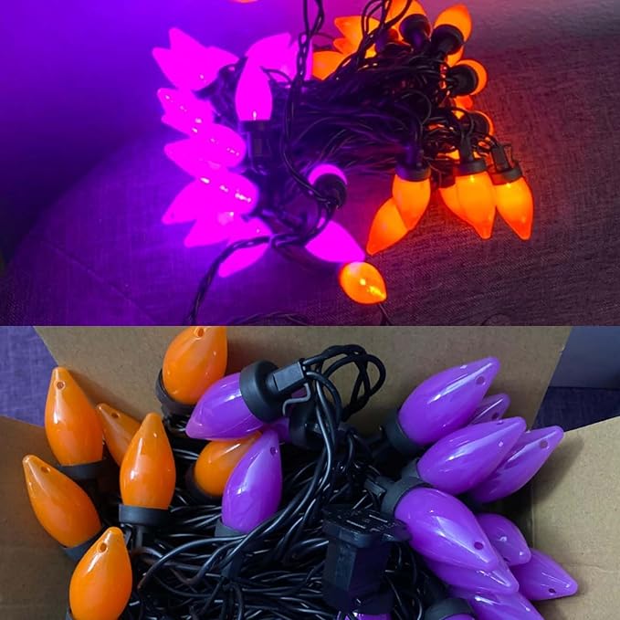 Purple and Orange Christmas Lights, 26FT 50 Count Christmas C7 LED String Lights for Indoor/Outdoor Use, Christmas Decorations for Patio Home Party Garden Yard-Black Wire