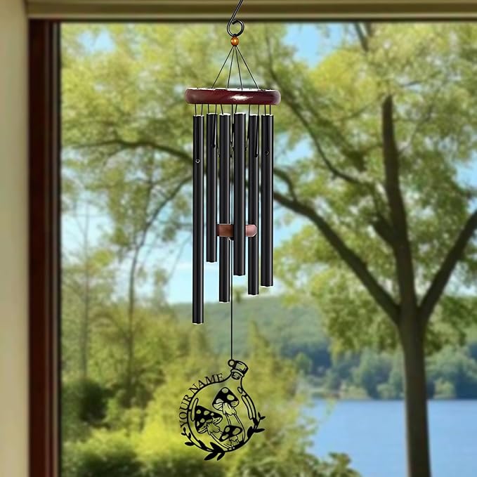 Personalized Customize Name Fantasy Mushroom Wonderland Wind Chime, Metal Iron 37 Inch Outdoor Memorial Gift for Garden Yard Patio Home Decor, Black (Style B)
