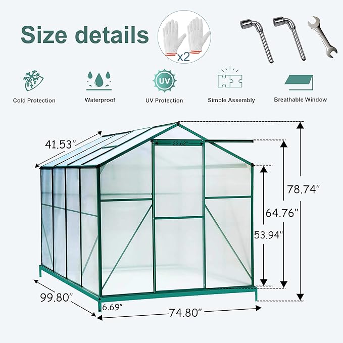 KEIKI 6x8 FT Greenhouse for Outdoors, Heavy Duty Polycarbonate Large Walk-in Greenhouse with Double Doors and Two Ventilation Windows for Outside Green House Garden Backyard