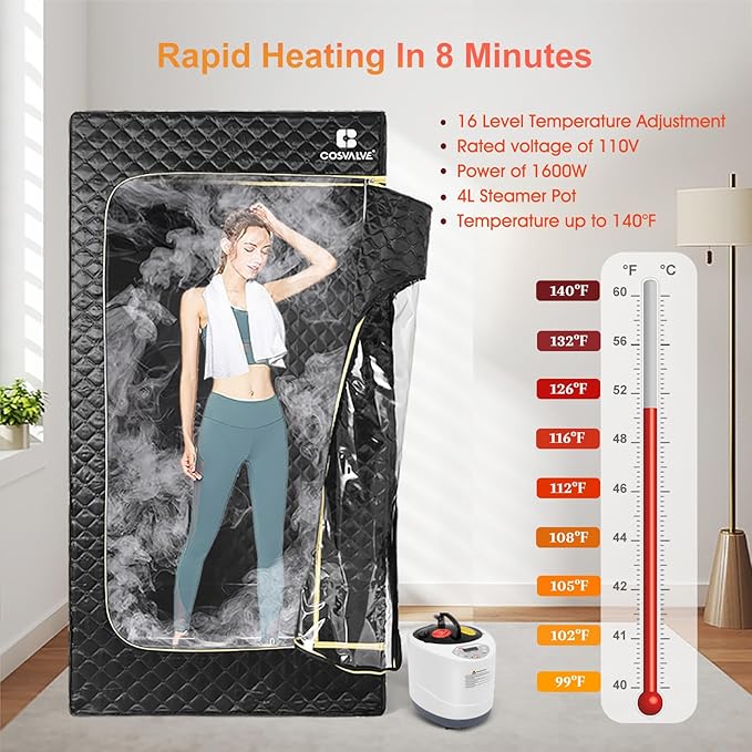COSVALVE Portable Sauna Box for Home Sauna Steamer with 4L Large Steam Pot, 1600W Fast Heating Full Size Personal Sauna, 16 Levels, Remote Control, Foldable Chair, 2.9' x 2.5' x 5.9'
