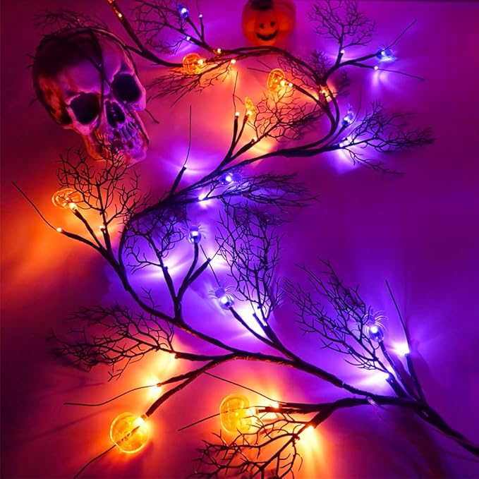 Halloween Decor Lights 8.86FT 72 LED Willow Vine Twig with Timer Battery Operated Garland Lights with Orange Pumpkins Purple Spiders and Black Dead Branches Indoor Halloween Decorations for Home