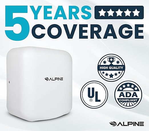 Alpine Automatic Hand Dryers for Bathrooms Commercial High Speed 110-120V Stainless Steel Electric Hand Dryer, Plug In & Hardwire Options with Air Filter, ADA & UL Compliant & 5 Years Coverage (White)