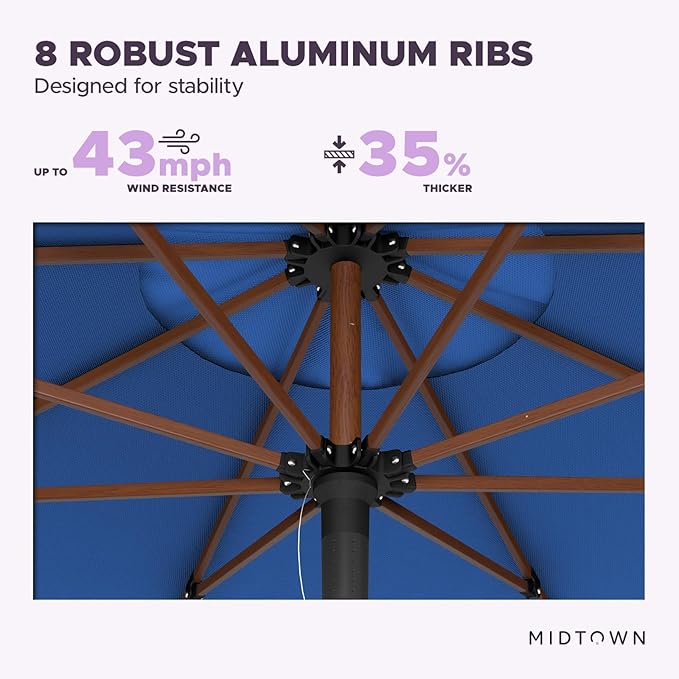 Midtown Umbrellas The Wooden 9 Feet Patio Umbrella With Sunbrella Dark Blue Acrylic Fabric - Aluminum Frame Market Umbrella For Backyard, Deck, Garden, Pool - Wooden Pole