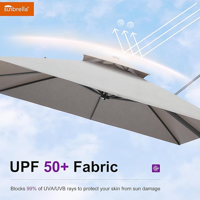PURPLE LEAF Patio Umbrella with Base Included 12FT Outdoor Double Top Large Offset Hanging Cantilever Umbrella 360° Rotation Square Umbrella for Garden Deck Pool Backyard Cast Ash