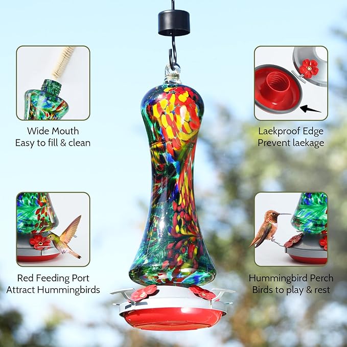 Glass Hummingbird Feeder for Outdoors: Window Hanging Hummingbirds Gifts for Women - Ant Moat Included, Metal Base with 4 Feeding Ports & Perch, Leak Proof, 38 fl.oz, Best Garden Decor
