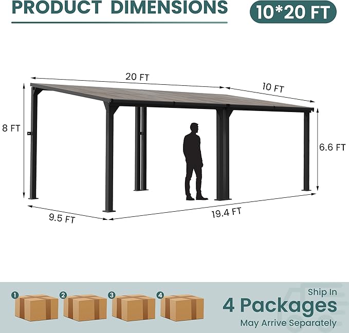 10 * 20FT Pergola,Outdoor Gazebo,Hardtop Lean to Gazebo,Wall Mounted Pergola,Pergolas Gazebos Clearance,Aluminum Frame Pergola,UV Resistant Patio Roof,Patio Awnings for Porch,Lawn,Backyard