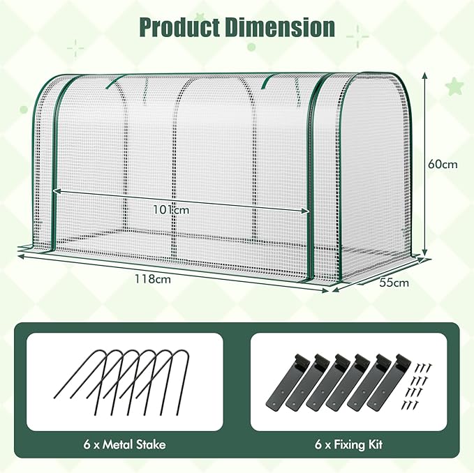 Happygrill Portable Mini Greenhouse, 47" x 22" x 24" Green House w/ Roll-up Zipper Door, Metal Frame, Waterproof Sun-Protective PE Cover, Small Greenhouses for Raised Garden Bed, Outdoor (White)