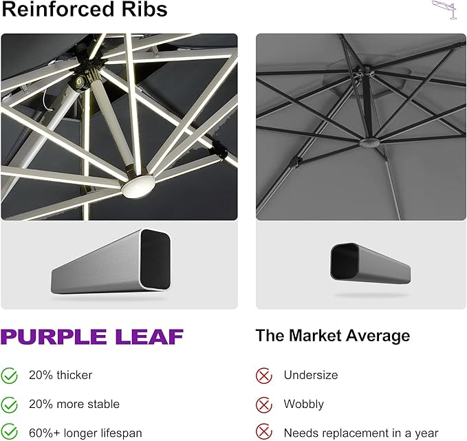 PURPLE LEAF 12' X 12' Solar Powered LED Patio Large Umbrella Offset Double Top Hanging Umbrella Outdoor Market Umbrella for Garden, Slate Gray