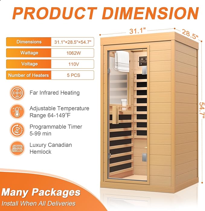 Far Infrared Sauna, Canadian Hemlock Wood Sauna Spa Room for Indoor,1062W 110V Low EMF Saunas with Control Panel and Integrated Speakers, Mini Home Sauna Room for One Person (Wood)