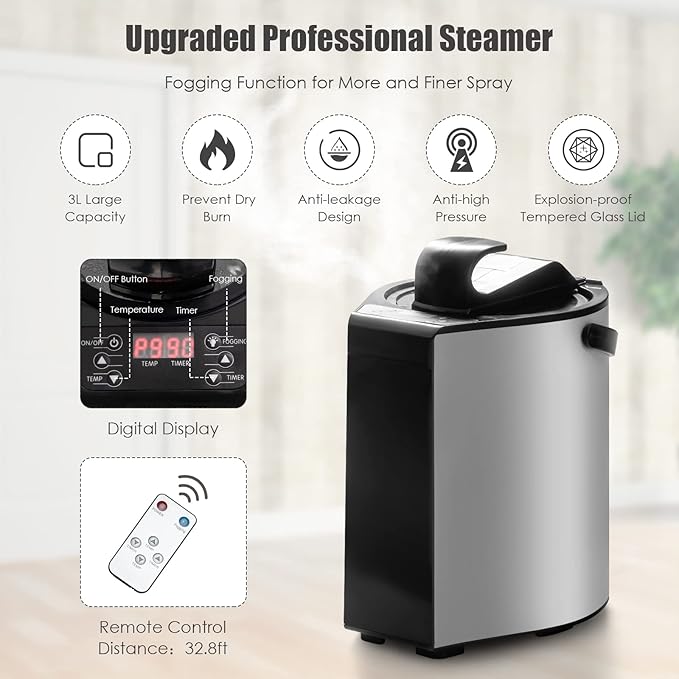 COSTWAY Portable Steam Sauna, 3L Foldable Sauna Spa with Remote Control, 9-Gear Temperature and Timer, Atomization Function, Personal Sauna Tent for Weight Loss, Detox Relaxation at Home (Grey)