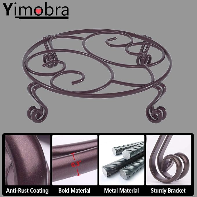 Yimobra Original Patented Plant Stand for Flower Pot Heavy Duty Potted Holder Indoor Outdoor, Metal Rustproof Iron Garden Container Round Supports Rack for Planter, Brown, 10.2 Inches