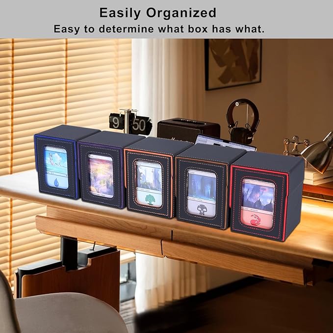AFIING MTG Deck Box for Commander Display,Card Deck Box Fits 100 Double Sleeved Cards, Magic Commander TCG Storage Box with 2 Dividers,Drawstring Bag and 1 Toploader(Black/Blue)