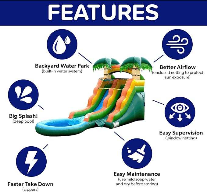 HeroKiddo Summer Breeze Commercial Grade Lightweight Premium Water Slide with Detachable Pool for Kids 5-12 and Adults (with Blower), Wet Dry, Rental Quality Blow Up Inflatable, Outdoor Indoor