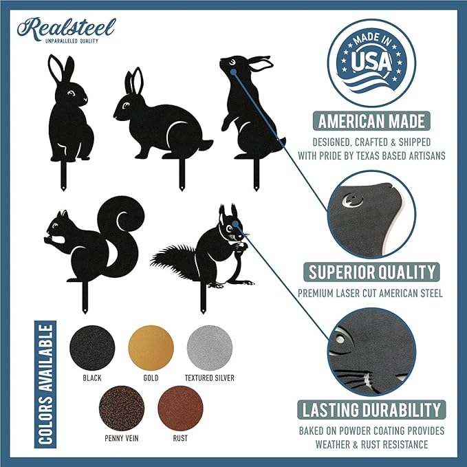 RealSteel Metal Garden Sculptures & Statues, Yard Art, Flowerbed Decoration, Outdoor Decor, Animal Stake Pack - Black