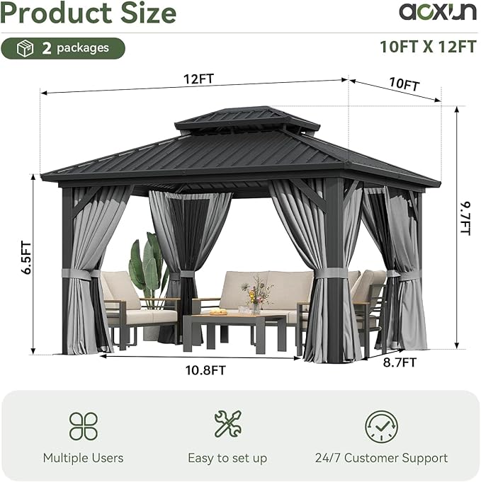 Aoxun 12'x10' Hardtop Gazebo, Aluminum Frame Permanent Pavilion with Curtains and Netting, Outdoor Galvanized Double Roof Canopy, Designed for Garden, Lawns, Patio, with Ground Nails