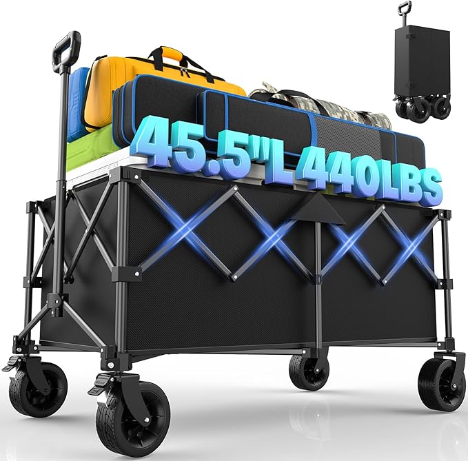 45.5" L Kitsure Collapsible Wagon - Heavy Duty Foldable Wagon with 440lbs Capacity, Adjustable Handle, Shopping Cart with Wheels for Camping, Groceries, Black, 45.5" x 24.0" x 38.0"