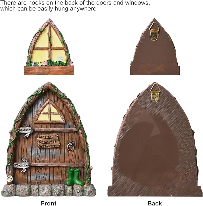 Resin Fairy Door and Window for Trees,Glow in The Dark,Miniature Fairy Garden Accessories,Garden Outdoor Decor for Trees,Gnomes House，Elf House