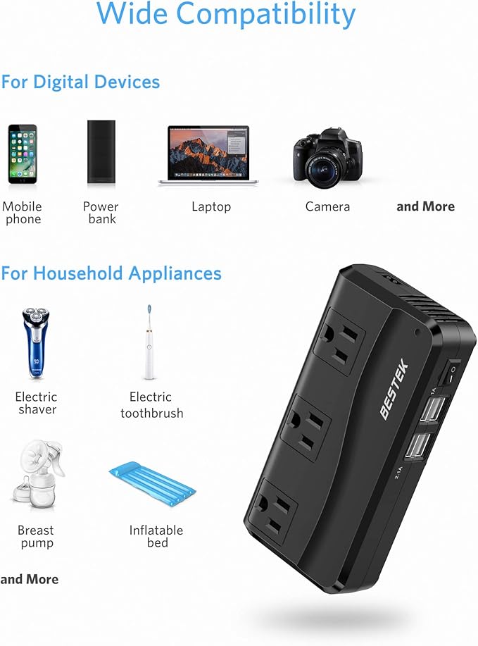 BESTEK 200W Power Inverter DC 12V to 110V AC Inverter with 4.2A 4-Port USB Car Adapter (Black)