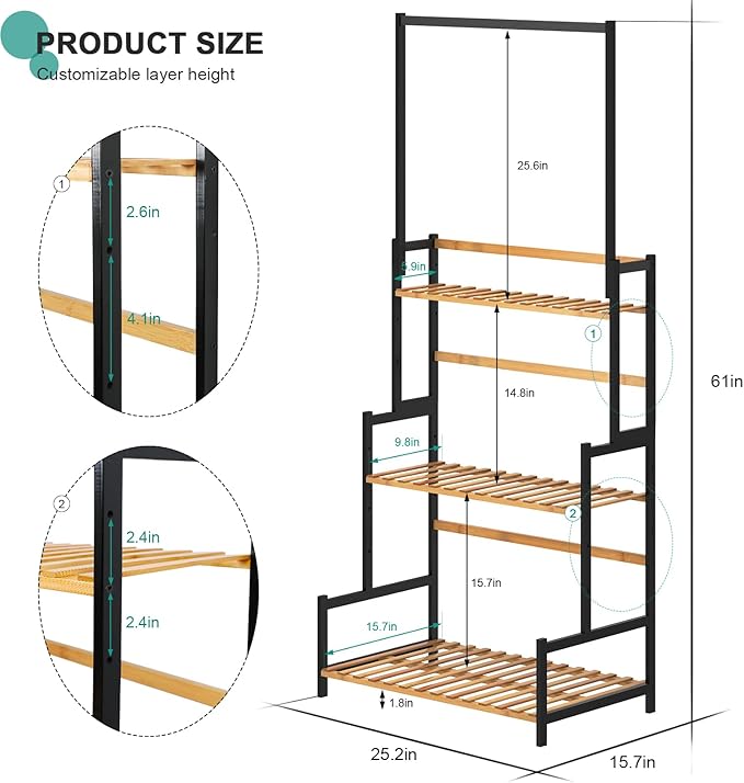 Ufine Bamboo Hanging Plant Stand 3 Tier Ladder Shelf with Hanging Rod Height Adjustable Flower Pot Display Organizer for Balcony Porch Living Room